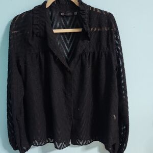 Black Relaxed Long Sleeve Blouse with Notched Collar